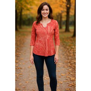 Silvan Coral Botanical Print Top Small3/4 Sleeve V-Neck Artsy Normcore Soft Girl